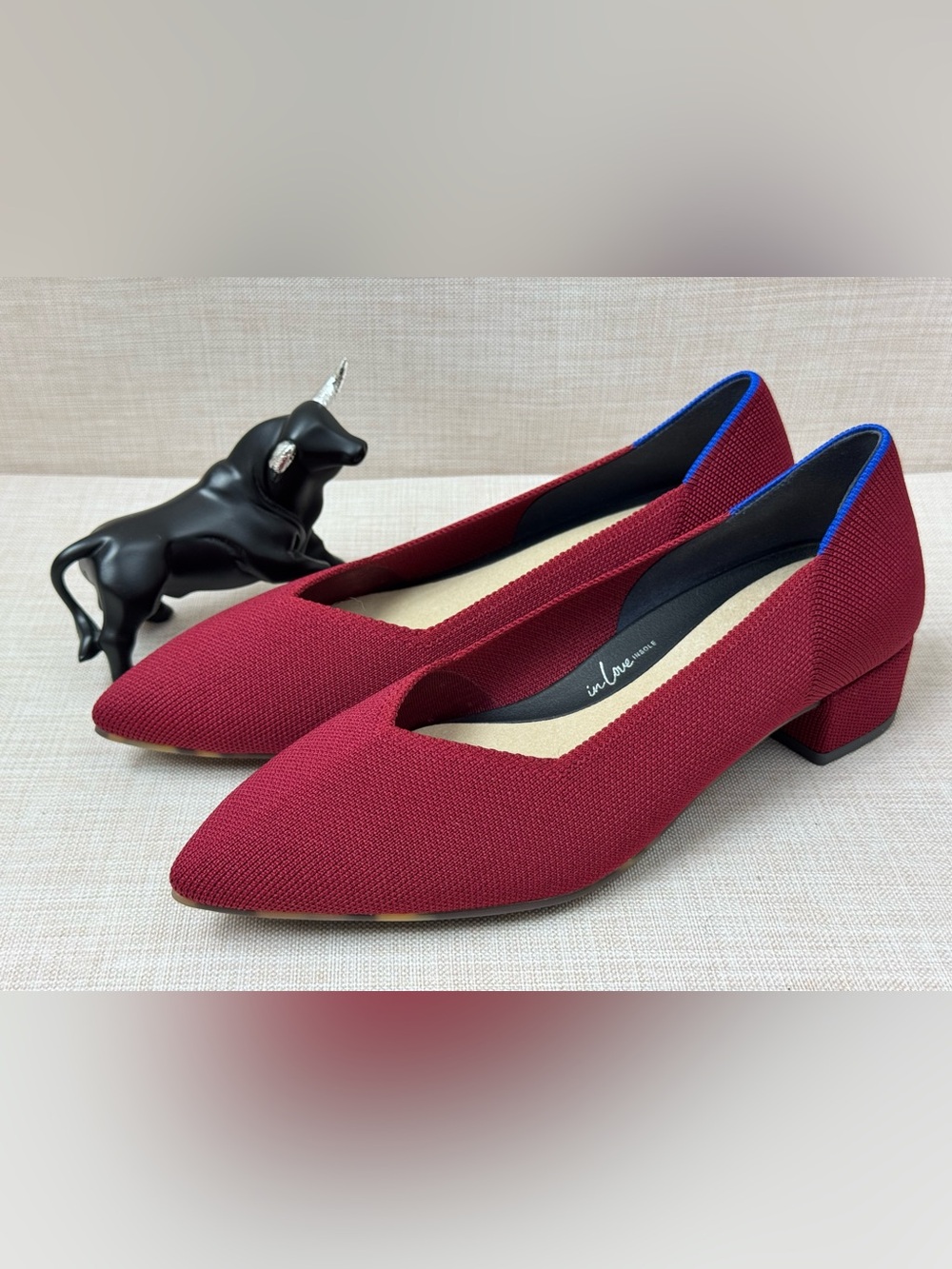 Rothy's Pointed Toe Flats in Wine with Blue Trim